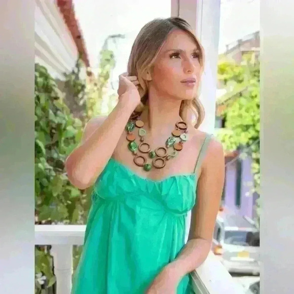 ZARA Mini Babydoll Dress Green Spaghetti Straps Cup Cotton Ruched Short Size L - Picture 2 of 13